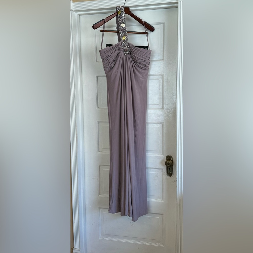 Jersey material extra stretchy one shoulder beaded evening gown with the scarf